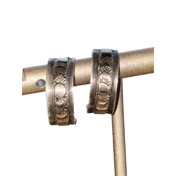 12k Gold Filled Half Hoop Etched Sunbeam Earrings - Picture 7 of 11